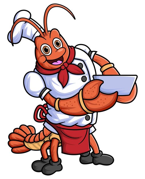 El personaje mascota de una langosta trabaja como chef profesional llevando un cuenco.