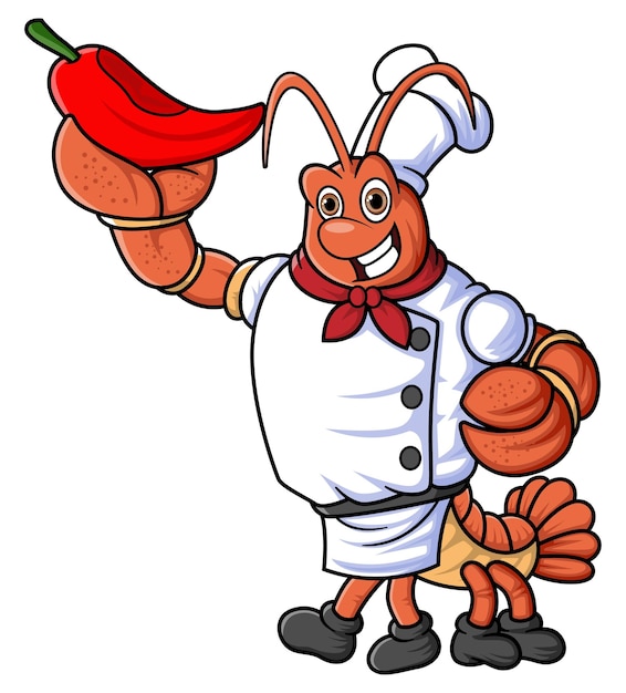 El personaje mascota de una langosta trabaja como chef profesional posando sosteniendo un chile grande