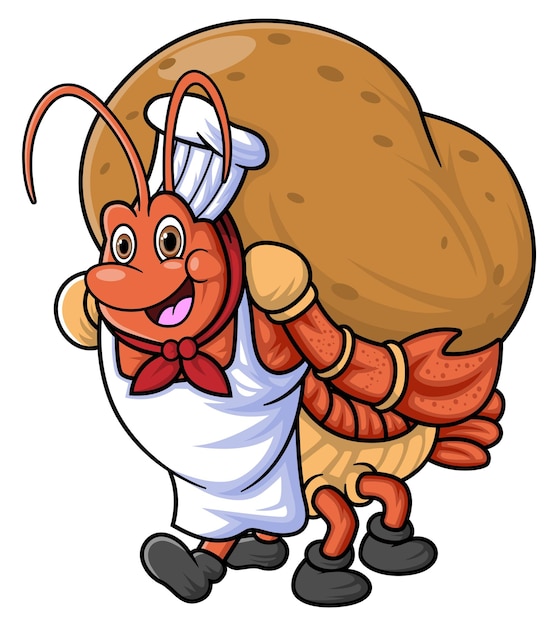 El personaje mascota de una langosta trabaja como chef profesional que lleva una patata grande.