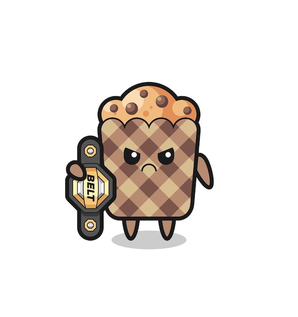 Personaje mascota de Muffin como luchador de MMA con el cinturón de campeón