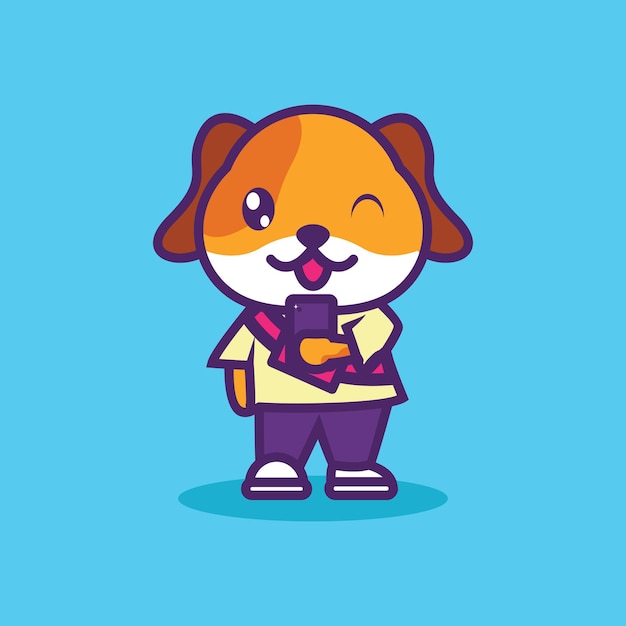 Vector personaje de mascota de perro usando ropa de calle con ilustración de vector de teléfono inteligente
