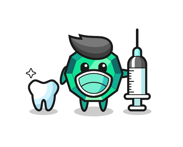 Personaje de mascota de la piedra preciosa esmeralda como dentista