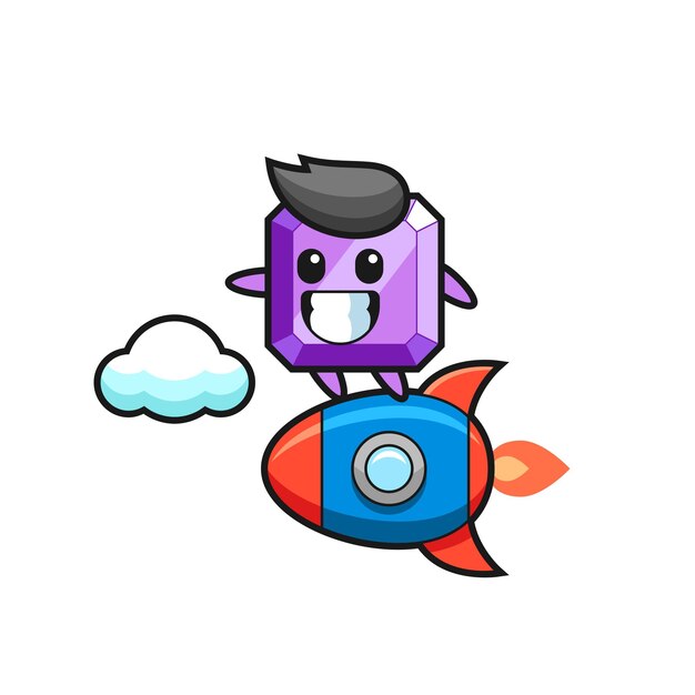 Personaje de mascota de piedras preciosas moradas montando un cohete, diseño de estilo lindo para camiseta, pegatina, elemento de logotipo