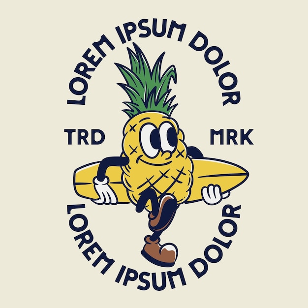 personaje de la mascota de la piña diseño de insignias vintage con texto editable diseño de dibujos animados de mascota