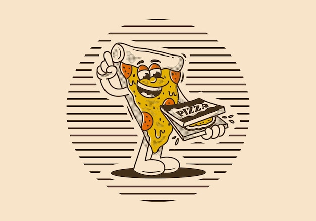 Personaje mascota de la pizza que sostiene una caja de pizza