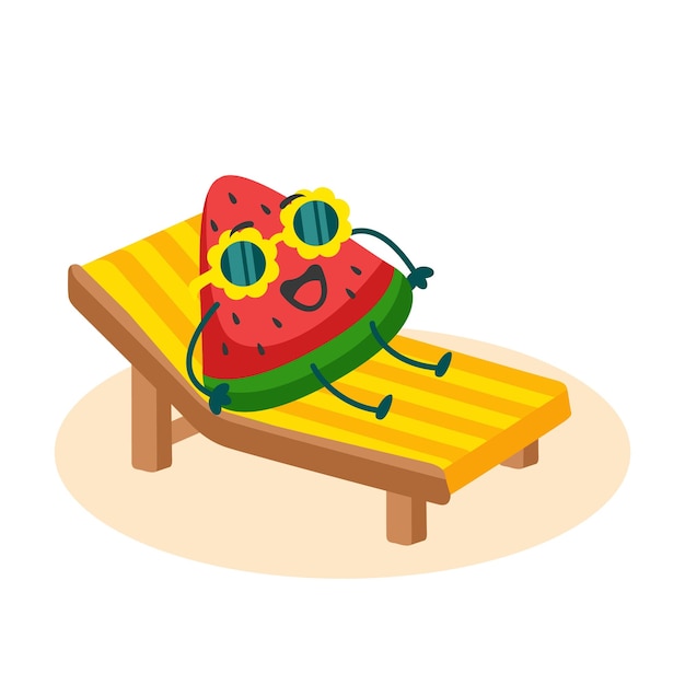 personaje de la mascota de la rebanada de sandía relajarse en una ilustración de silla de playa