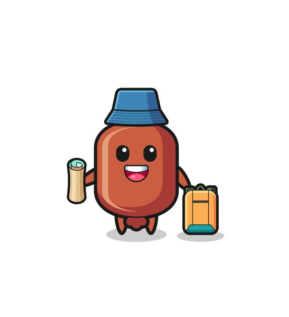 Personaje de mascota de salchicha como excursionista.
