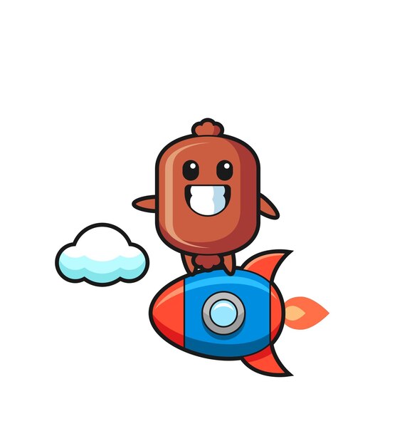 Personaje de mascota de salchicha montando un cohete