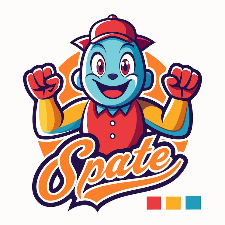 Vector personaje de mascota sonriente con sombrero rojo con los puños en alto y logotipo de texto