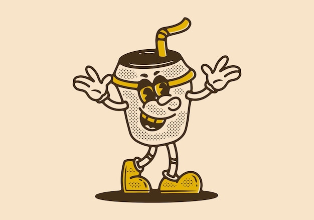 Personaje de mascota de taza de papel de café caminando con cara feliz