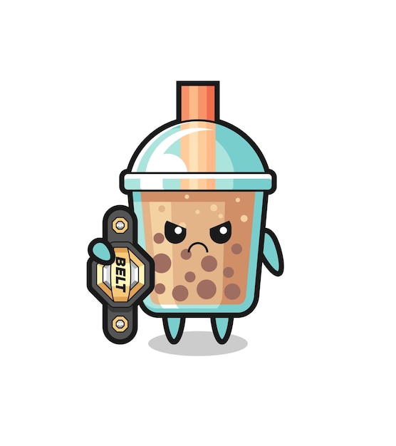 Personaje de mascota de té de burbujas como un luchador de MMA con el cinturón de campeón