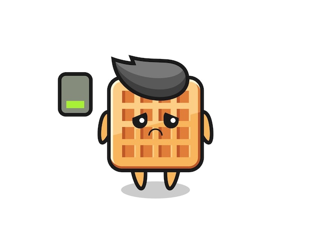 Personaje de mascota waffle haciendo un gesto cansado, diseño lindo