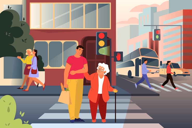 Vector personaje masculino adulto ayudando a anciana a cruzar la calle. hombre apoya a anciana en la ciudad. ayuda para jubilados. idea de cuidado y humanidad. ilustración