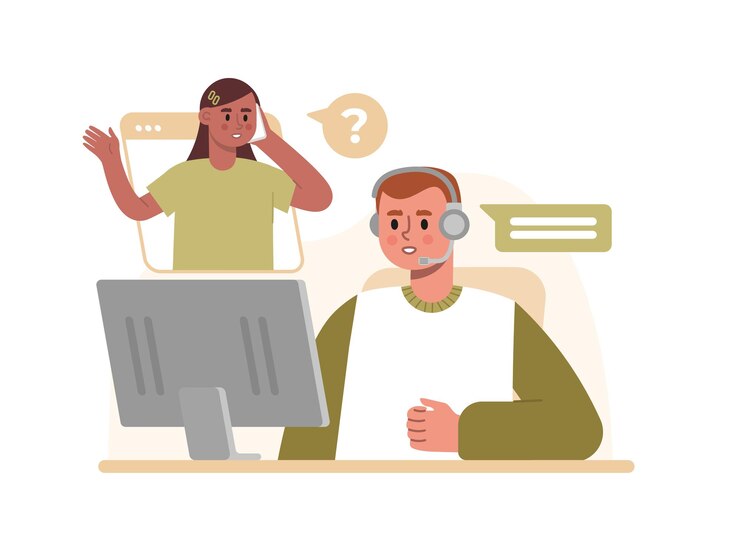 Vector personaje masculino con auriculares que responde llamadas se comunica en el mensajero recoge reseñas y calificaciones