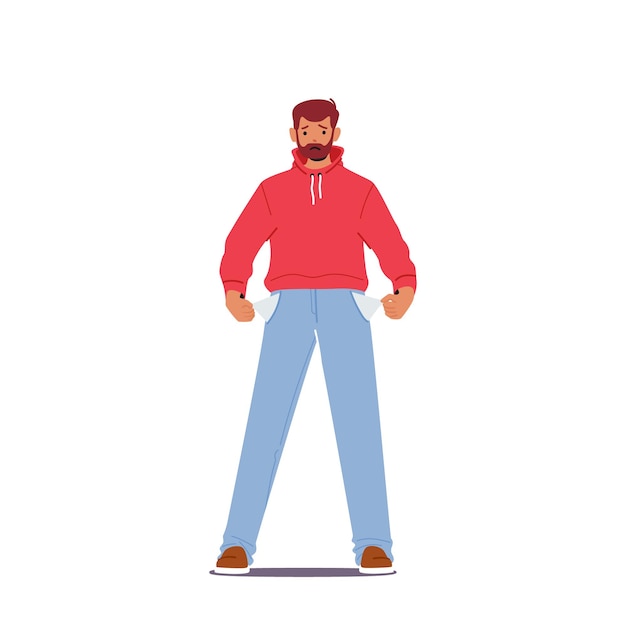 Personaje masculino en bancarrota frustrado hombre preocupado con barba en ropa casual resultando bolsillos vacíos ilustración