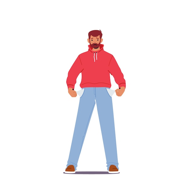 Vector personaje masculino en bancarrota frustrado hombre preocupado con barba en ropa casual resultando bolsillos vacíos ilustración