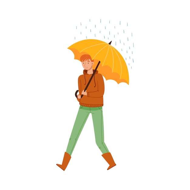Personaje masculino caminando bajo un paraguas en una ilustración vectorial de un día lluvioso