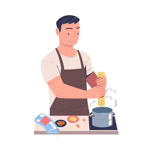Personaje masculino cocinando en casa de pie en la mesa poniendo pasta en agua hirviendo Ilustración vectorial