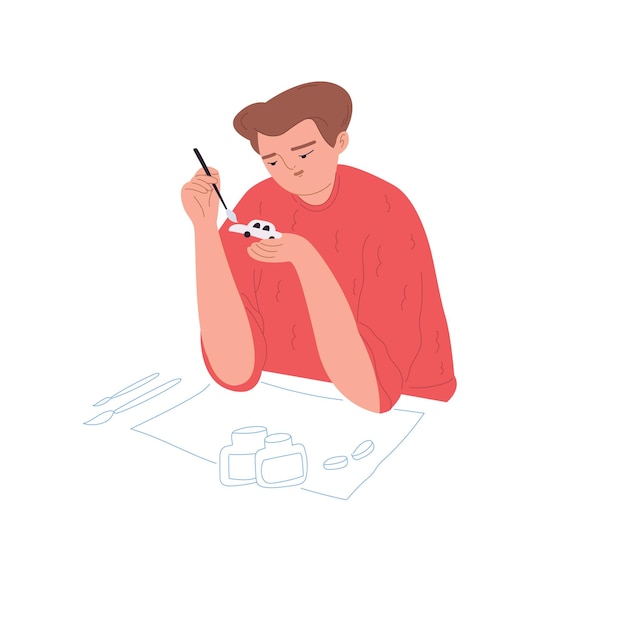 Personaje masculino coloreando un modelo de automóvil Un joven disfruta dedicado a un pasatiempo Una persona pasa su tiempo libre Ilustración plana vectorial de dibujos animados sobre un fondo blanco aislado