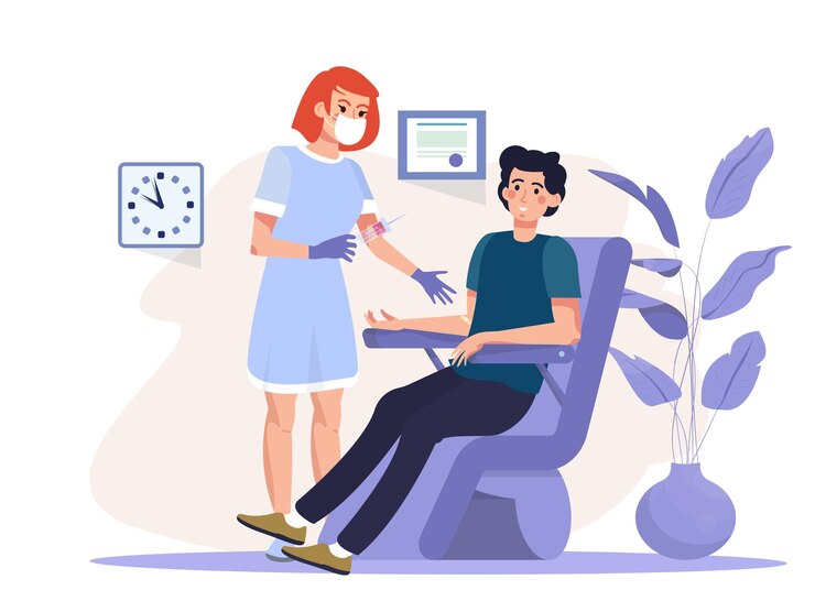 Vector personaje masculino dando sangre hombre tomando análisis de sangre enfermera tomando muestra de sangre para la composición de la prueba