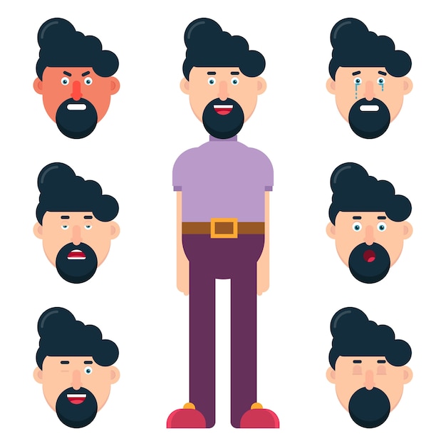 Vector personaje masculino con diferentes emociones faciales.