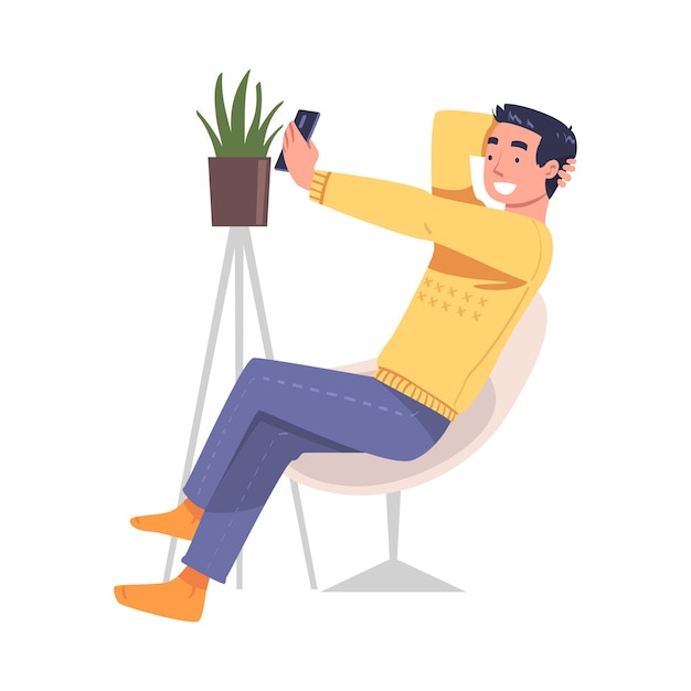 Personaje masculino con dispositivo digital sentado en un sillón que sufre de adicción a Internet Ilustración vectorial