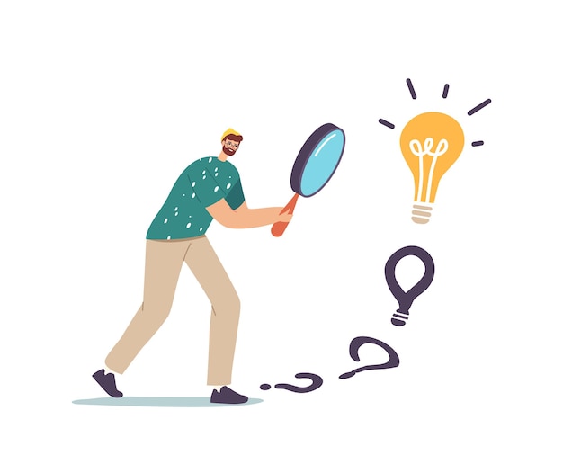Personaje masculino con enorme lupa en manos buscando respuesta caminando hacia una enorme bombilla. Idea creativa de la búsqueda del hombre de negocios, visión empresarial, conocimiento educativo o motivación. Ilustración vectorial de dibujos animados