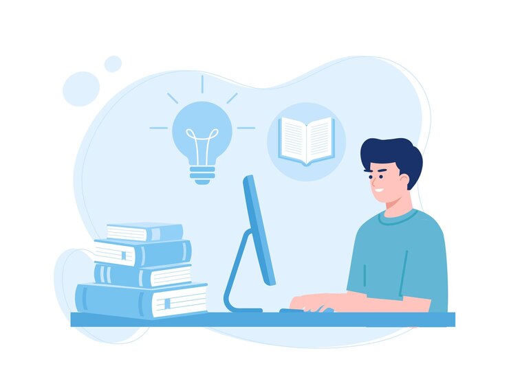 Vector el personaje masculino está leyendo y buscando para aumentar su conocimiento concepto ilustración plana
