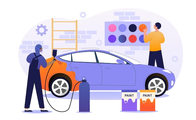 Personaje masculino está trabajando en el servicio de pintura de automóviles pintor masculino trabajando con equipos de pulverización hombre en