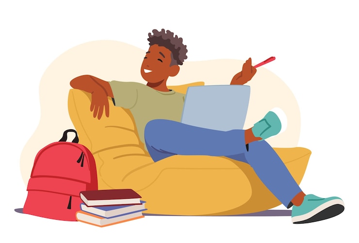 Vector personaje masculino estudiante relajado sentado con una computadora portátil y libros en un puf durante el proceso educativo o de aprendizaje electrónico