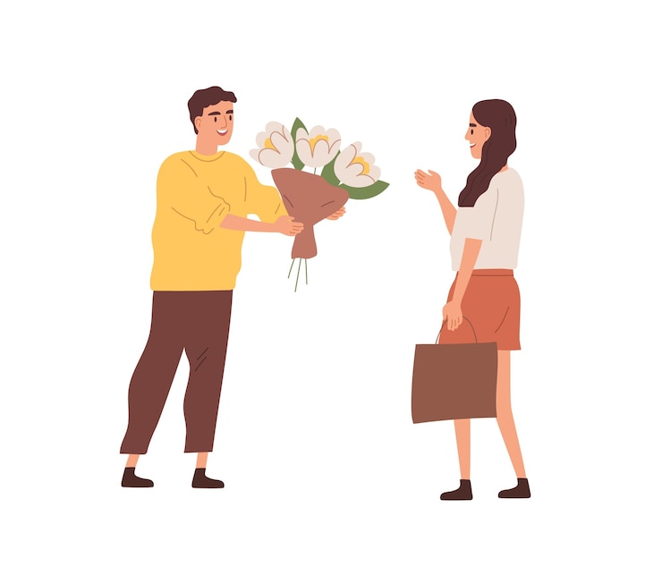Vector personaje masculino feliz dando ramo de flores florecientes a mujer sonriente vector ilustración plana. cortejo de hombre enamorado a novia amada aislada. persona romántica con regalo en cita.