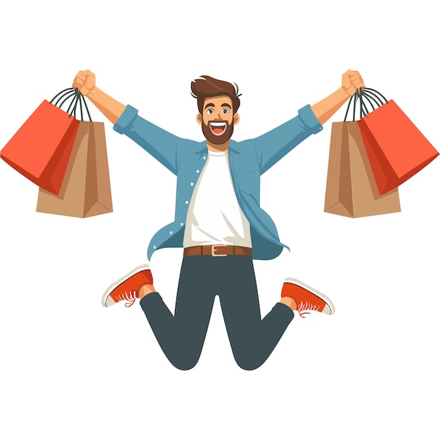 Personaje masculino feliz que lleva paquetes de compras, comprando con un gran concepto de descuento vectorial