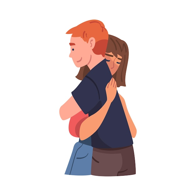 Personaje masculino y femenino abrazándose y abrazándose mutuamente expresando sentimientos amistosos Ilustración vectorial