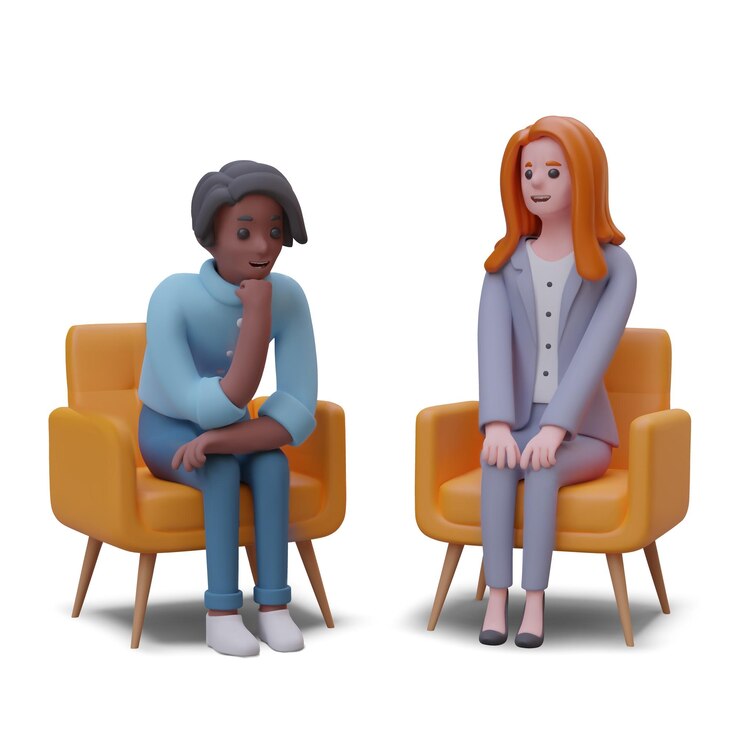 Vector el personaje masculino y femenino están hablando mientras están sentados en sillas intercambio de experiencia