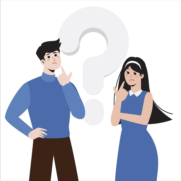 personaje masculino y femenino pensamiento con signo de interrogación ilustración plana idea decisión duda problema