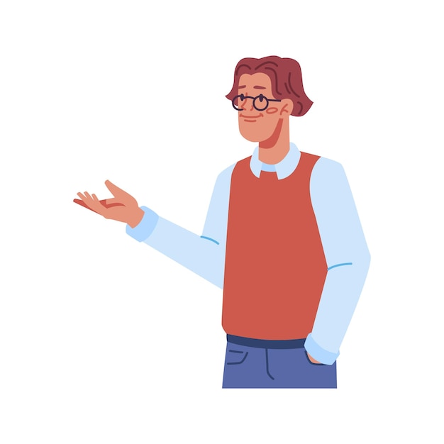 Personaje masculino en gafas gesticulando señalando