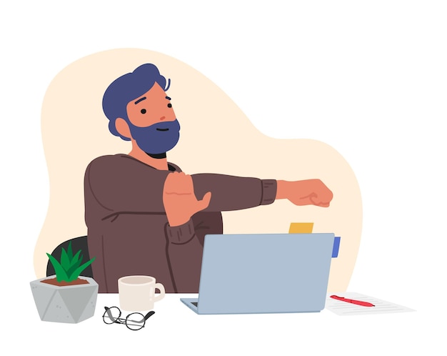Personaje masculino haciendo ejercicios en el entorno de la oficina El hombre promueve el bienestar en el lugar de trabajo Concepto de entrenamiento