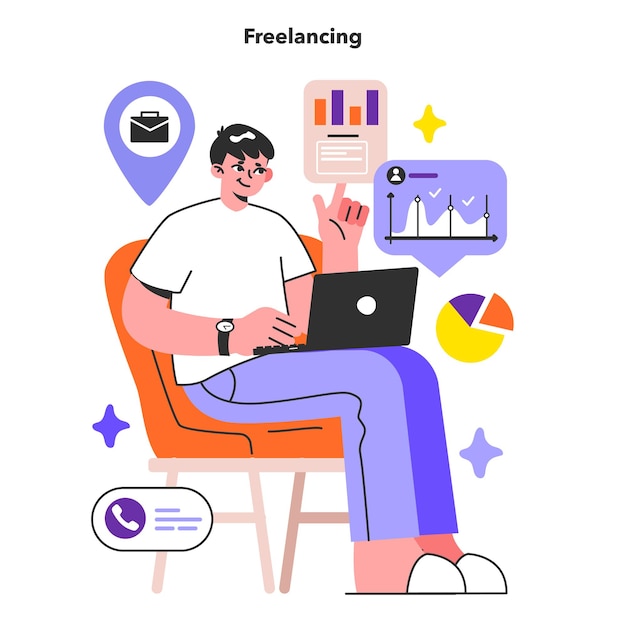 Personaje masculino independiente que trabaja de forma remota a través de Internet Idea de independencia jop y horario flexible libre Idea nómada digital Ilustración de vector plano