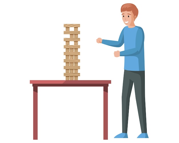 Personaje masculino jugando Jenga solo Guy recoge torre de madera de ladrillos Joven jugando juego de lógica ilustración vectorial Jugador de pie cerca de la mesa con bloques de madera apilados en torre alta