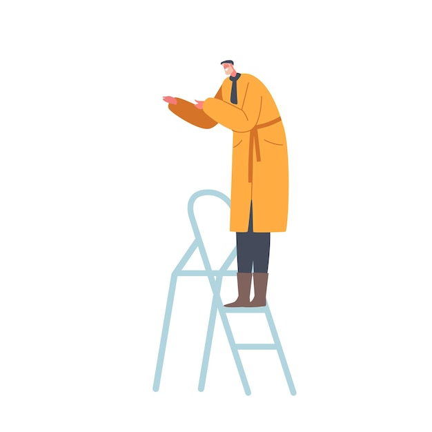 Personaje masculino mayor desgaste ropa de invierno cálido soporte en escalera aislada sobre fondo blanco. Hombre decorar árbol de Navidad, carrera, concepto de logro de éxito. Ilustración vectorial de dibujos animados