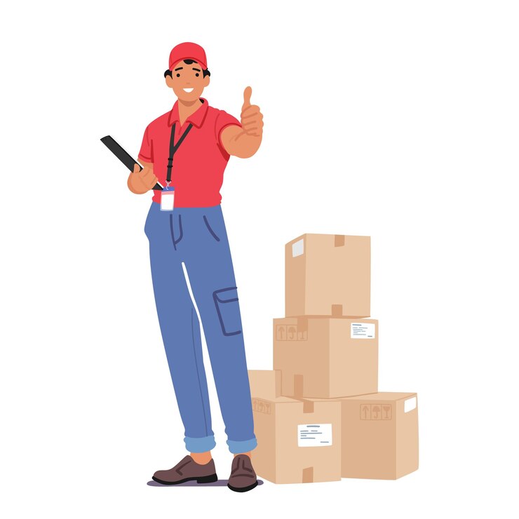 Vector personaje masculino de mensajería con un gesto de pulgar hacia arriba sostiene un portapapeles con una pila de paquetes cerca listos para entregar paquetes de manera eficiente y con una actitud positiva ilustración de vectores de personas de dibujos animados