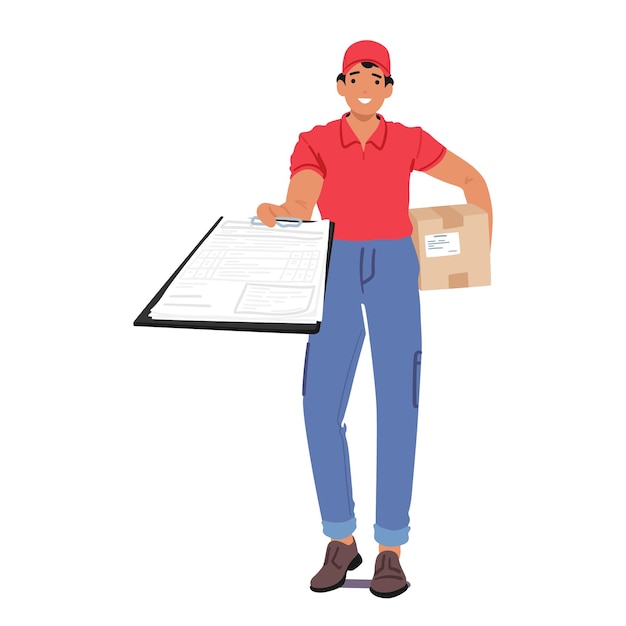 Personaje masculino de mensajería con paquete presenta papel para firma intercambio rápido que garantiza una entrega segura y confirmación de recepción Servicio eficiente y confiable Ilustración de vectores de dibujos animados