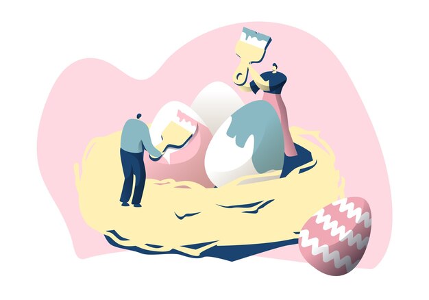 Personaje masculino en nido decorar huevo con pincel Feliz Pascua colorido cartel. Concepto de celebración de primavera religiosa tradicional. Postal de diseño. Ilustración de vector de dibujos animados plana