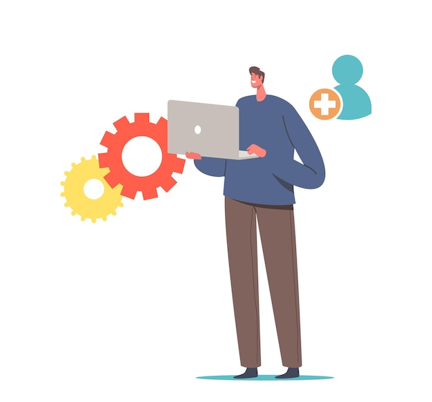 Personaje masculino de nuevo usuario con computadora portátil en las manos Regístrese en el sitio web o regístrese en la comunidad de Internet y abra el registro en línea, cree una cuenta a través de un dispositivo digital. Ilustración de Vector de gente de dibujos animados