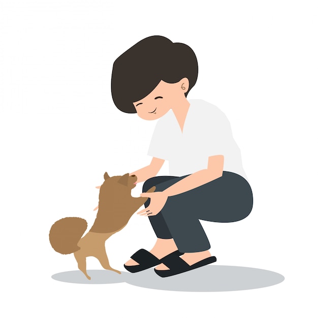 Personaje masculino con el perro en estilo plano de dibujos animados.
