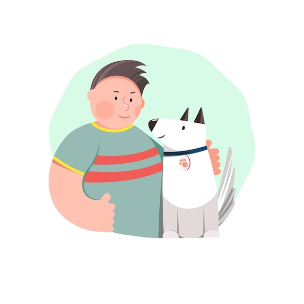 Personaje masculino y un perro se miran. Amistad. Ilustración de vector plano. Diseño de plantillas para carteles, tarjetas, web, etc.