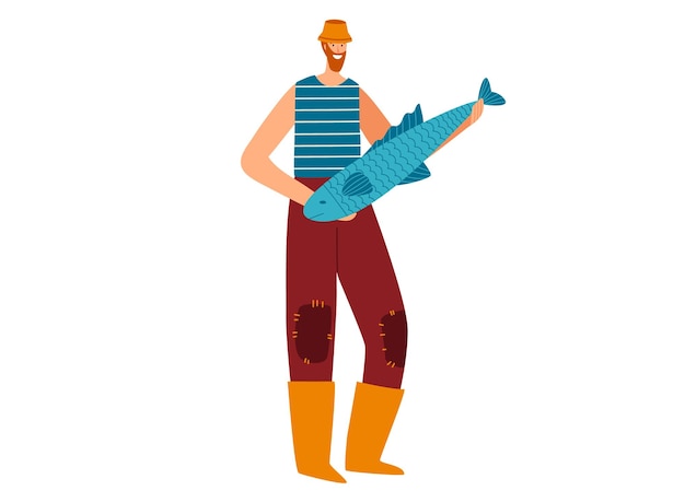 Personaje masculino pose de pie hombre sostenga peces grandes frescos pescador use botas amarillas y ropa vieja