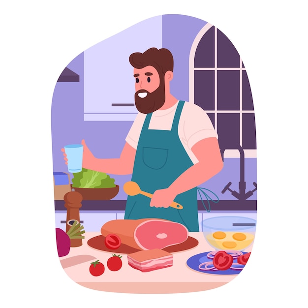 Personaje masculino preparando comida en casa Hombre cocinando en casa preparación de comidas caseras ilustración vectorial plana Hombre preparando platos sabrosos