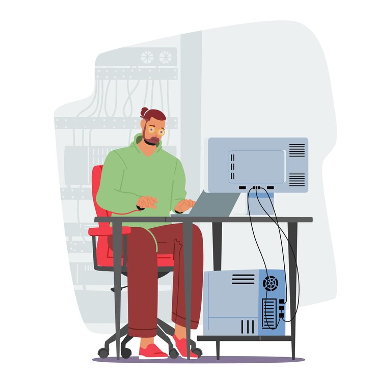 Vector personaje masculino que trabaja con big data e información técnica en el software de configuración del administrador del sistema portátil