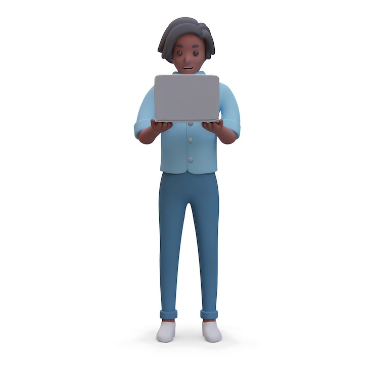 Vector personaje masculino realista mirando felizmente la pantalla del portátil internauta sorprendido